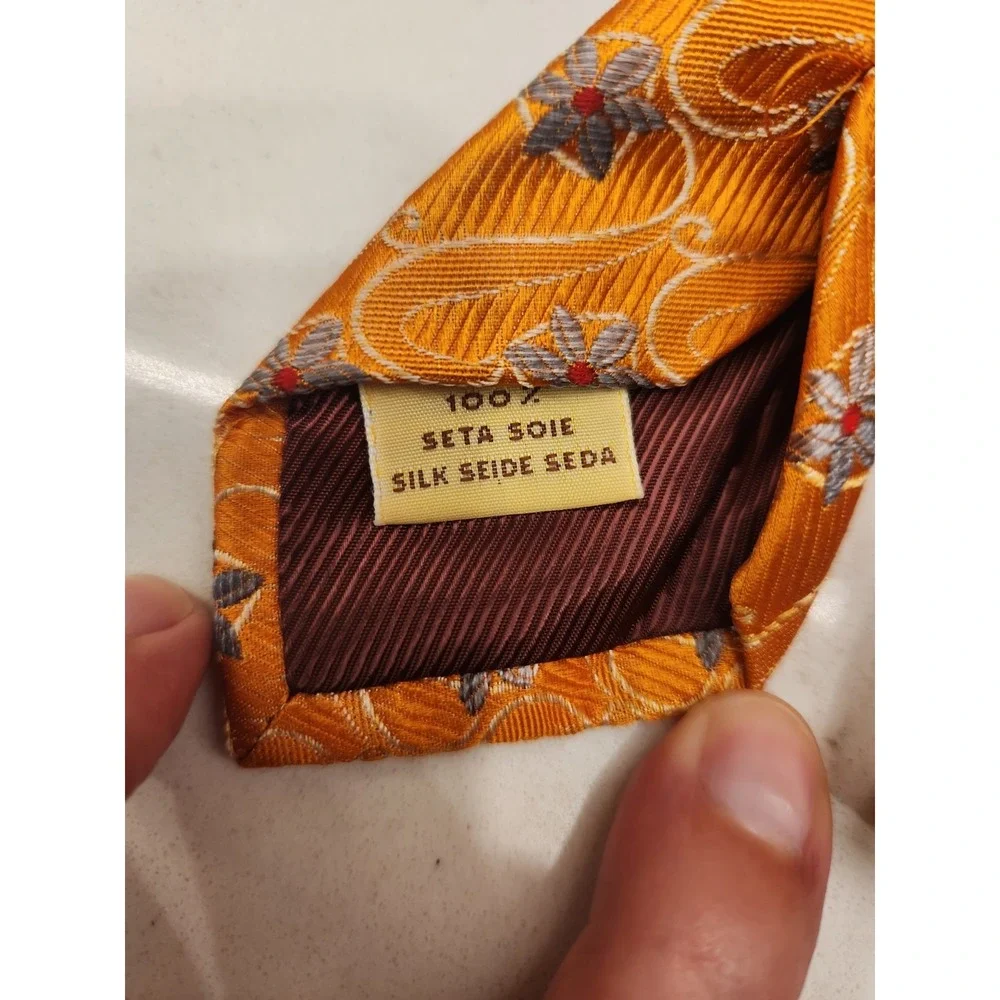 Villa Bolghert Men's 100% Silk Necktie‎ ITALY Designer Orange Swirl Blue Florals
